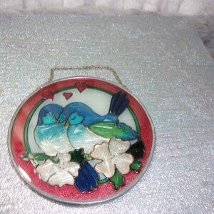 H-335 JOAN BAKER DESIGNS BLUE BIRDS/LOVE BIRDS STAIN GLASS SUNCATCHER